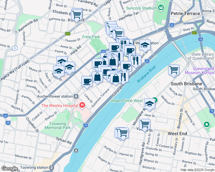map of restaurants, bars, coffee shops, grocery stores, and more near 9 Dunmore Terrace in Auchenflower