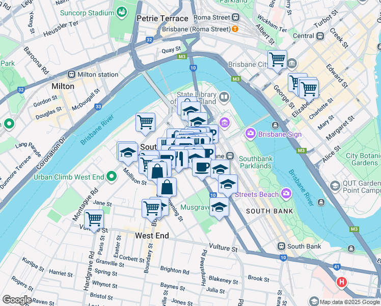 map of restaurants, bars, coffee shops, grocery stores, and more near 14 Cordelia Street in South Brisbane