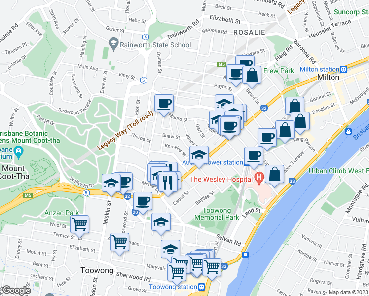 map of restaurants, bars, coffee shops, grocery stores, and more near 16 Pears Street in Auchenflower