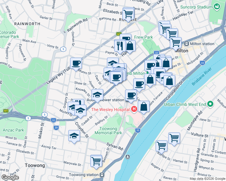 map of restaurants, bars, coffee shops, grocery stores, and more near 426 Milton Road in Auchenflower