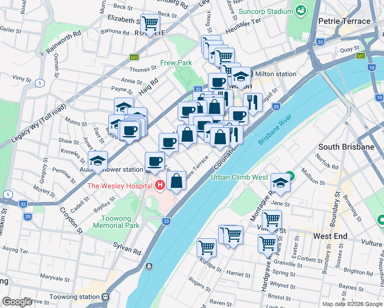 map of restaurants, bars, coffee shops, grocery stores, and more near 17 Kingsford Street in Auchenflower
