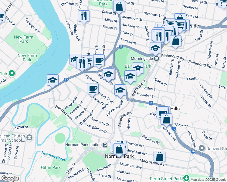 map of restaurants, bars, coffee shops, grocery stores, and more near 96 Agnew Street in Norman Park