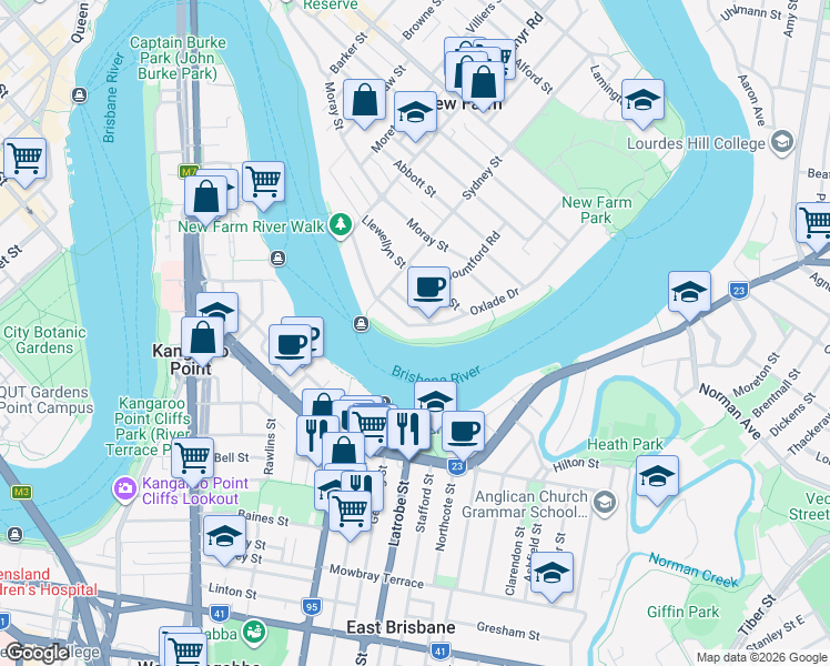 map of restaurants, bars, coffee shops, grocery stores, and more near 150 Oxlade Drive in New Farm