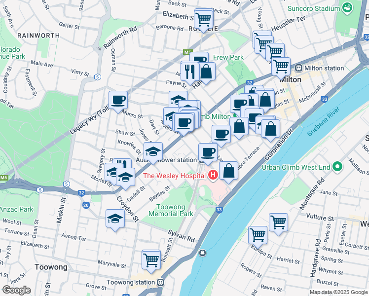 map of restaurants, bars, coffee shops, grocery stores, and more near 22 Ridley Street in Auchenflower