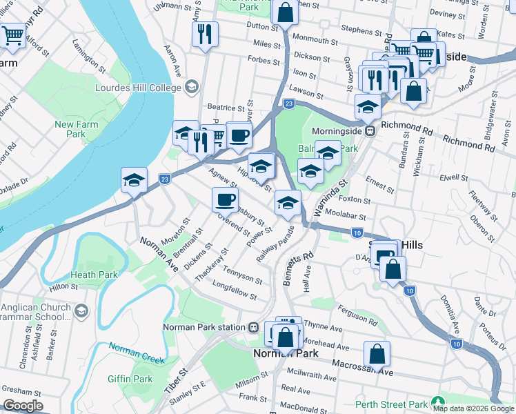 map of restaurants, bars, coffee shops, grocery stores, and more near 75 Agnew Street in Norman Park