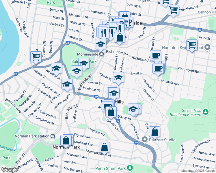 map of restaurants, bars, coffee shops, grocery stores, and more near 65 Foxton Street in Seven Hills