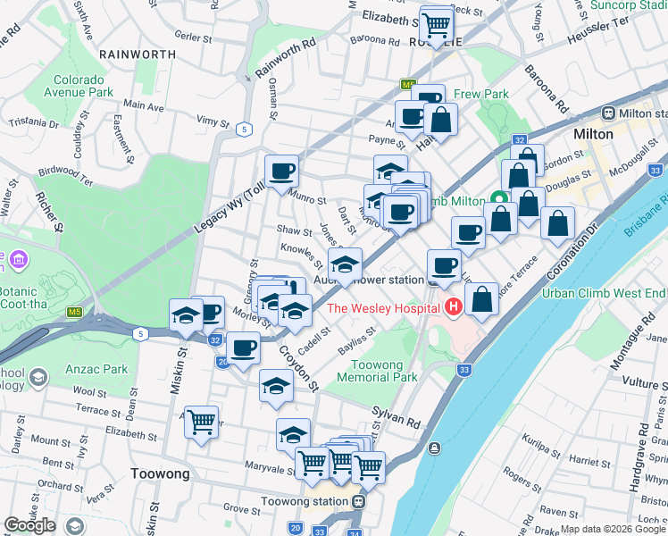 map of restaurants, bars, coffee shops, grocery stores, and more near 38 Kellett Street in Auchenflower
