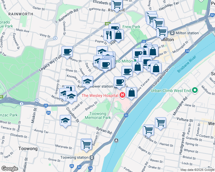 map of restaurants, bars, coffee shops, grocery stores, and more near 25 McIlwraith Street in Auchenflower