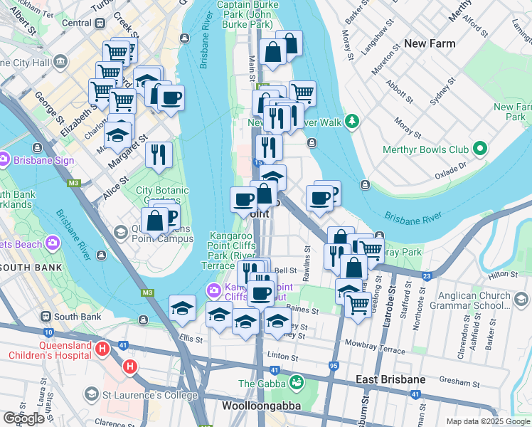 map of restaurants, bars, coffee shops, grocery stores, and more near 23 Quinton Street in Kangaroo Point