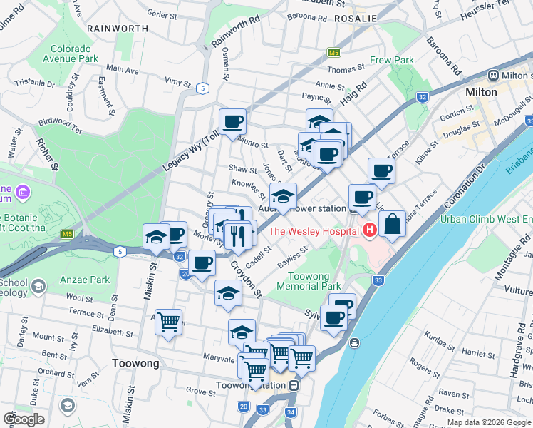 map of restaurants, bars, coffee shops, grocery stores, and more near 5 Markwell Street in Auchenflower