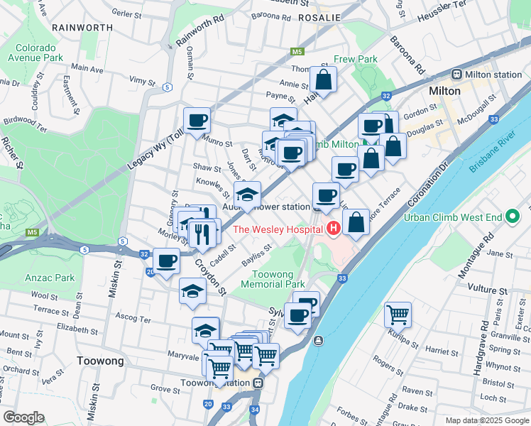 map of restaurants, bars, coffee shops, grocery stores, and more near 50 Dixon Street in Auchenflower