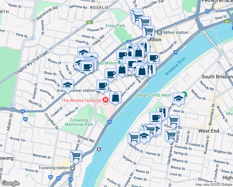 map of restaurants, bars, coffee shops, grocery stores, and more near 11 Lima Street in Auchenflower