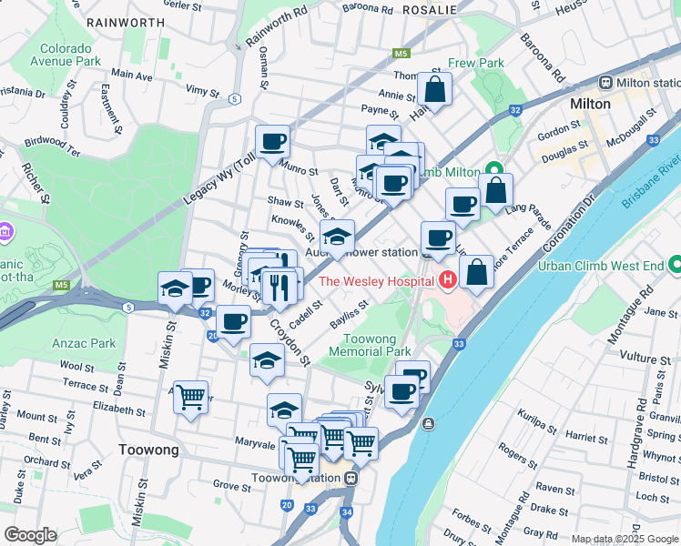 map of restaurants, bars, coffee shops, grocery stores, and more near 34 Park Avenue in Auchenflower