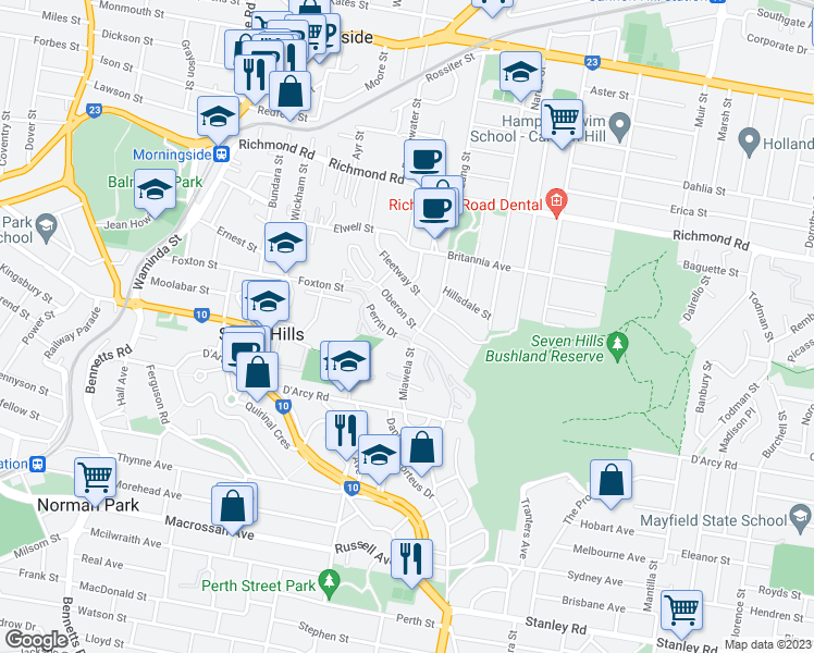 map of restaurants, bars, coffee shops, grocery stores, and more near 25 Oberon Street in Morningside