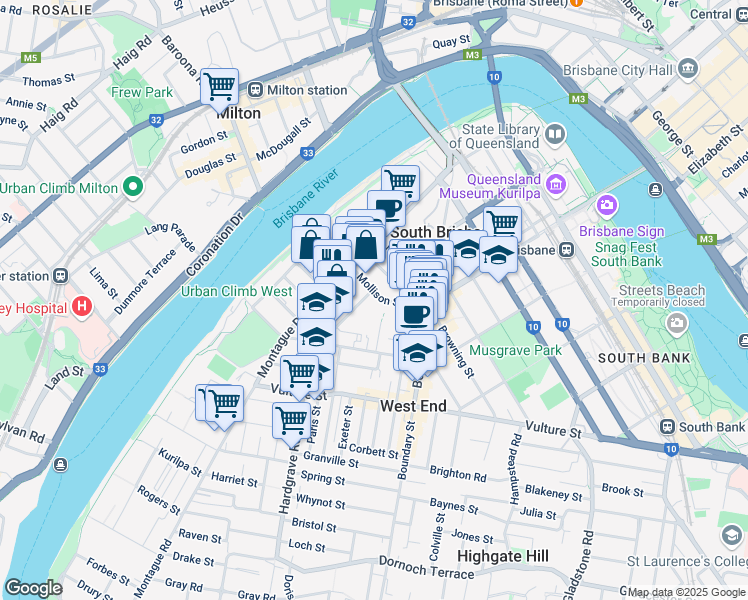 map of restaurants, bars, coffee shops, grocery stores, and more near Mollison St in West End