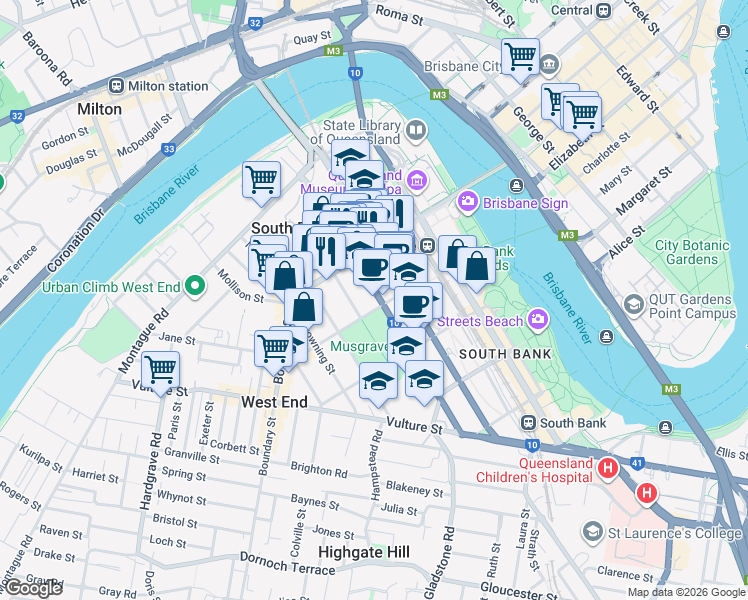 map of restaurants, bars, coffee shops, grocery stores, and more near 27 Russell Street in South Brisbane