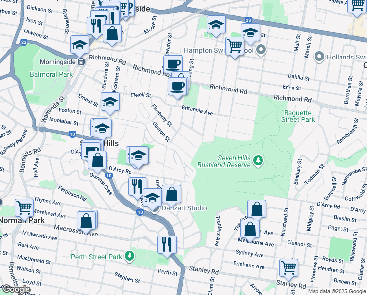 map of restaurants, bars, coffee shops, grocery stores, and more near 46 Oberon Street in Morningside