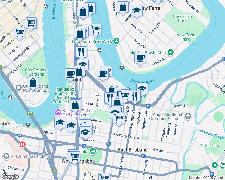 map of restaurants, bars, coffee shops, grocery stores, and more near 89 Thorn Street in Kangaroo Point