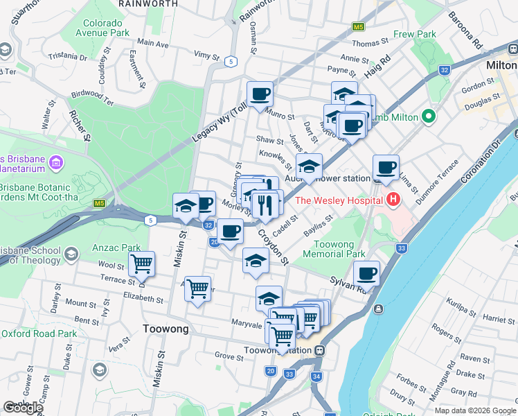 map of restaurants, bars, coffee shops, grocery stores, and more near 16 Eldridge Street in Toowong