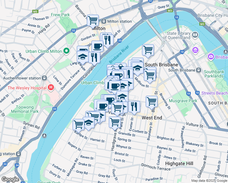 map of restaurants, bars, coffee shops, grocery stores, and more near 249 Montague Road in West End