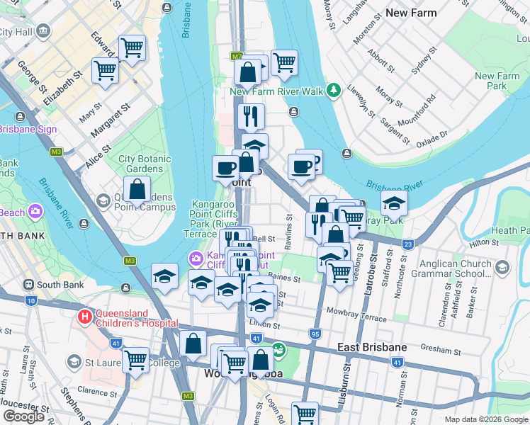 map of restaurants, bars, coffee shops, grocery stores, and more near 21 Elliott Street in Kangaroo Point