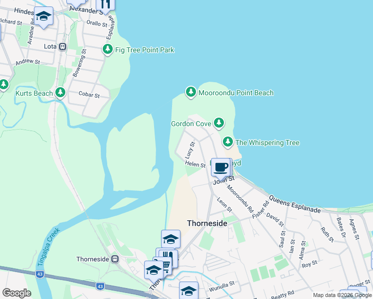 map of restaurants, bars, coffee shops, grocery stores, and more near 24 Lucy Street in Thorneside