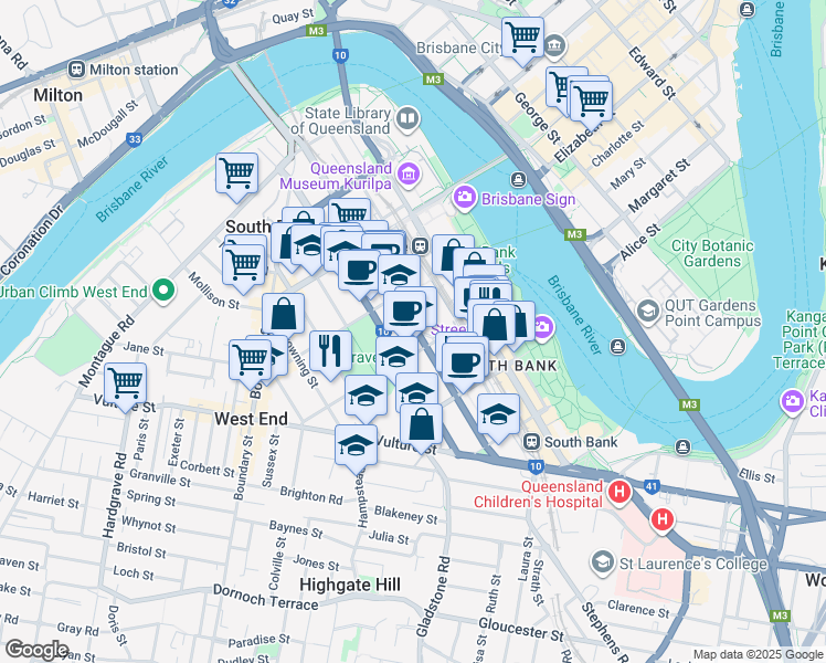 map of restaurants, bars, coffee shops, grocery stores, and more near 78 Merivale Street in South Brisbane