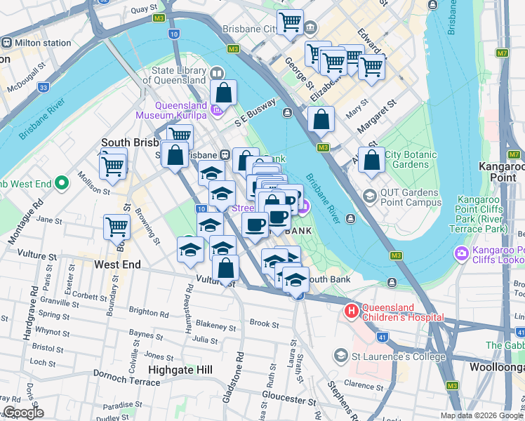 map of restaurants, bars, coffee shops, grocery stores, and more near 161 Grey Street in Brisbane