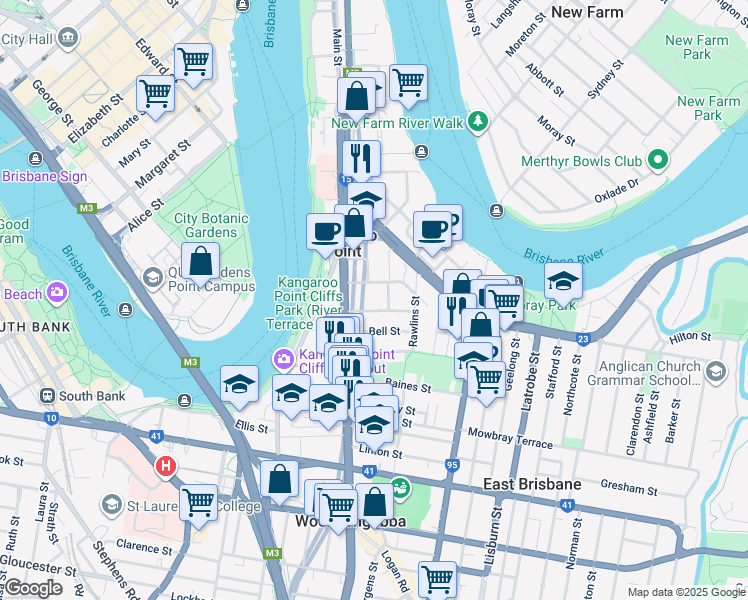 map of restaurants, bars, coffee shops, grocery stores, and more near 21 Elliott Street in Kangaroo Point