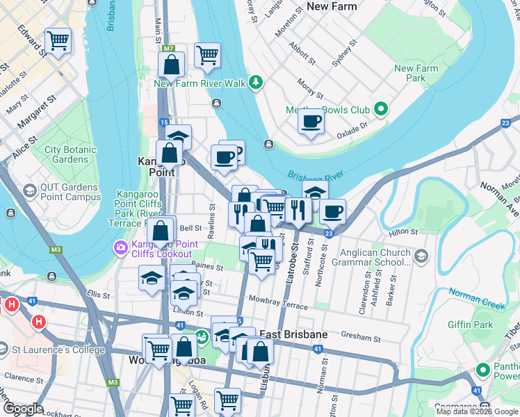 map of restaurants, bars, coffee shops, grocery stores, and more near 219 Wellington Road in East Brisbane