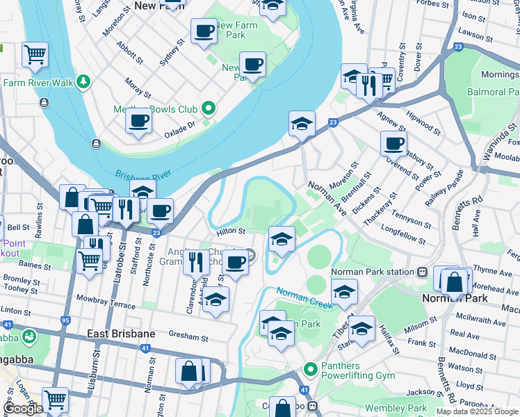 map of restaurants, bars, coffee shops, grocery stores, and more near 48 Hilton Street in East Brisbane