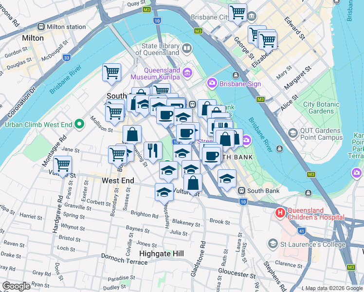 map of restaurants, bars, coffee shops, grocery stores, and more near 44 Cordelia Street in South Brisbane