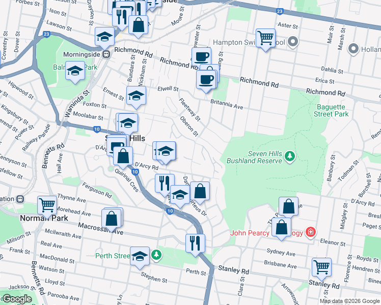 map of restaurants, bars, coffee shops, grocery stores, and more near 22 Miawela Street in Seven Hills