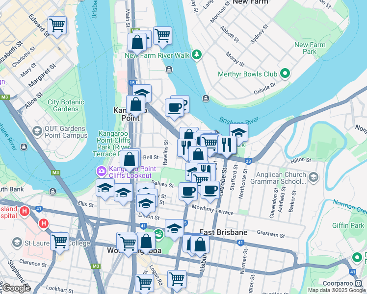 map of restaurants, bars, coffee shops, grocery stores, and more near 12 Rosina Street in Kangaroo Point