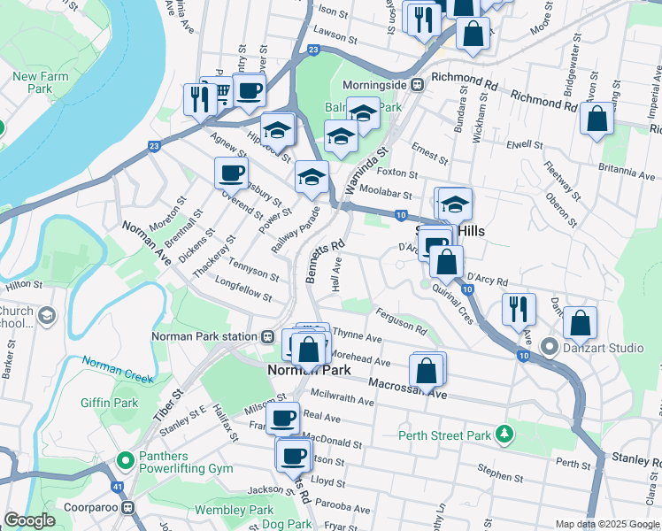 map of restaurants, bars, coffee shops, grocery stores, and more near 9A Hall Avenue in Norman Park