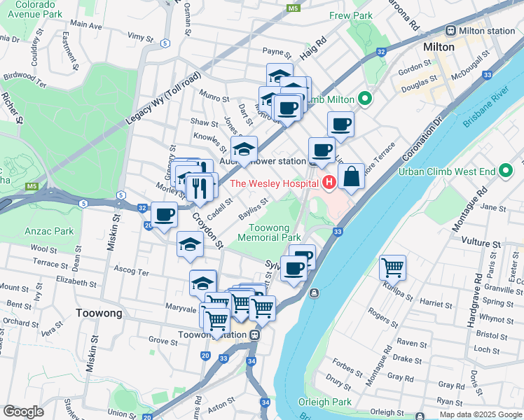 map of restaurants, bars, coffee shops, grocery stores, and more near 57 Bayliss Street in Auchenflower