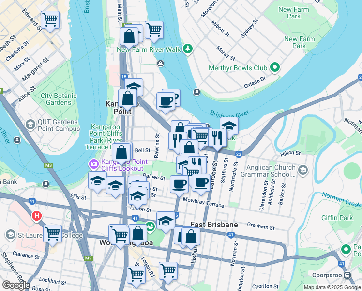 map of restaurants, bars, coffee shops, grocery stores, and more near 285 Shafston Avenue in Kangaroo Point