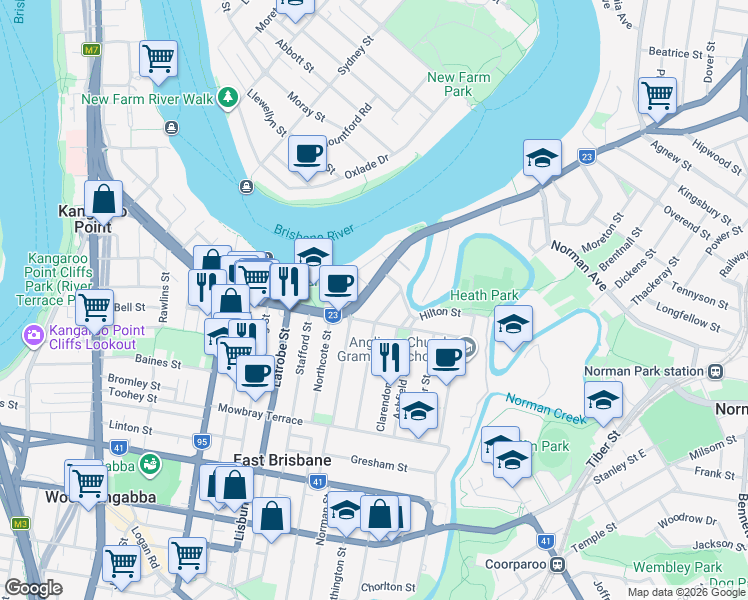 map of restaurants, bars, coffee shops, grocery stores, and more near 115 Lytton Road in East Brisbane