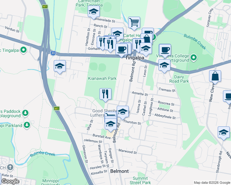 map of restaurants, bars, coffee shops, grocery stores, and more near 10 Whitford Street in Tingalpa