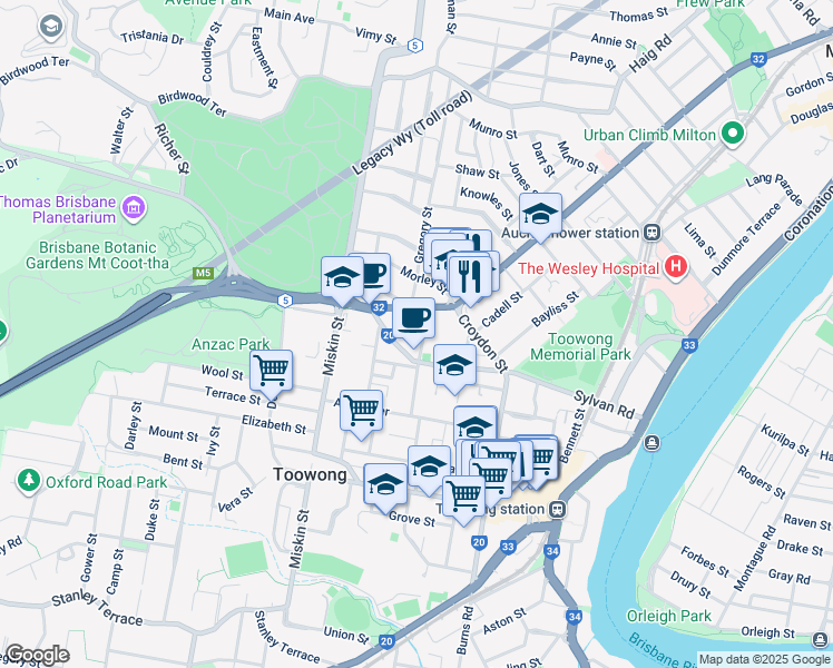 map of restaurants, bars, coffee shops, grocery stores, and more near 19 Quinn Street in Toowong