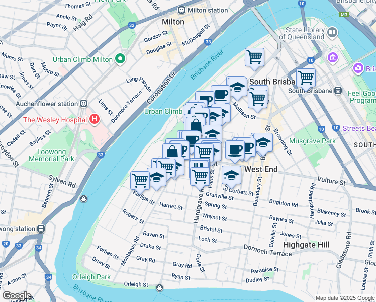 map of restaurants, bars, coffee shops, grocery stores, and more near 6 Vulture Street in West End
