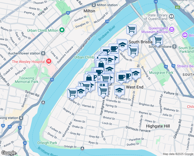 map of restaurants, bars, coffee shops, grocery stores, and more near in West End