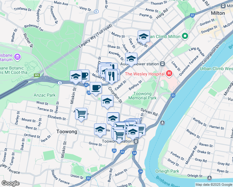 map of restaurants, bars, coffee shops, grocery stores, and more near 25 Croydon Street in Toowong