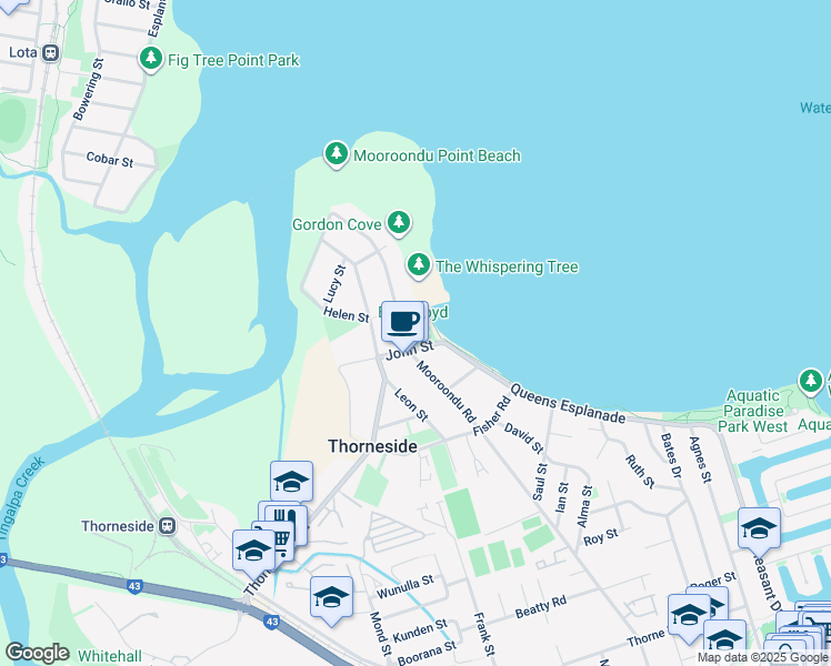 map of restaurants, bars, coffee shops, grocery stores, and more near 224-236 Queens Esplanade in Thorneside