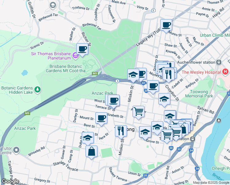 map of restaurants, bars, coffee shops, grocery stores, and more near 100 Dean Street in Toowong