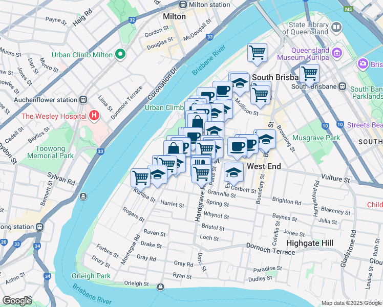 map of restaurants, bars, coffee shops, grocery stores, and more near 6 Vulture Street in West End