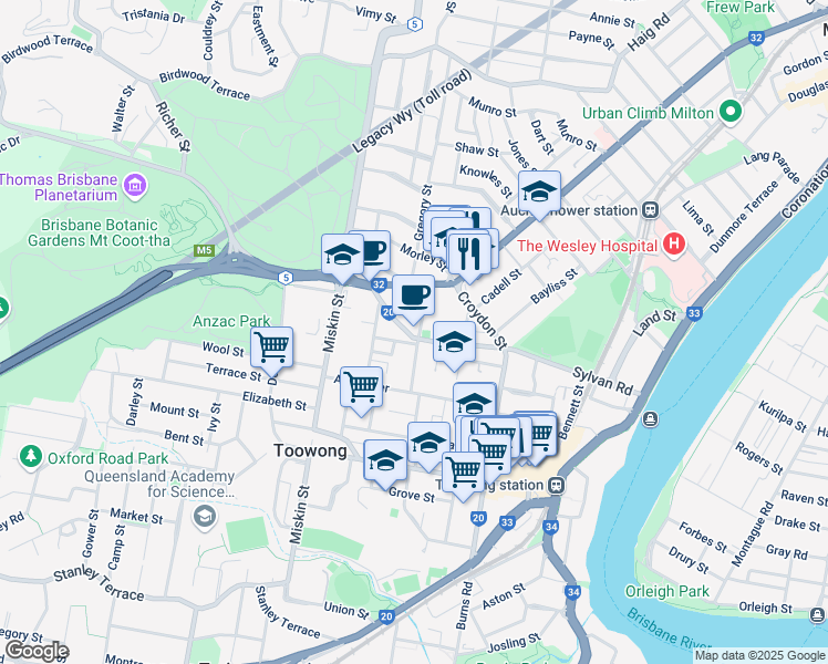 map of restaurants, bars, coffee shops, grocery stores, and more near 113 Sylvan Road in Toowong