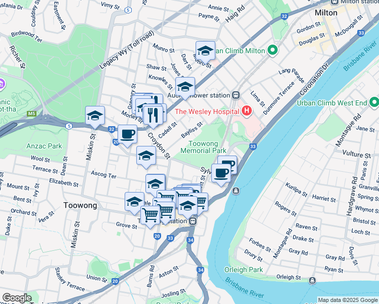 map of restaurants, bars, coffee shops, grocery stores, and more near 65 Sylvan Road in Toowong