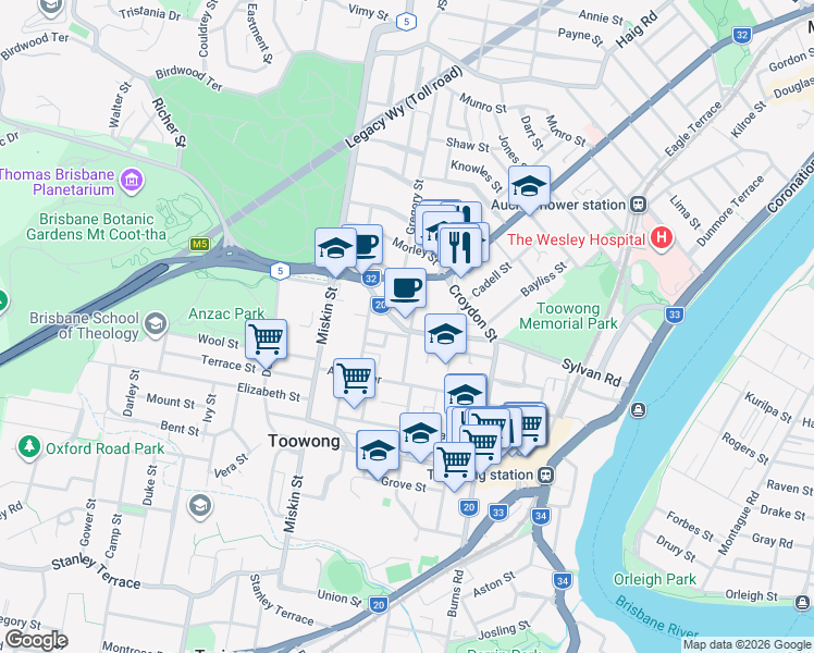 map of restaurants, bars, coffee shops, grocery stores, and more near 113 Sylvan Road in Toowong