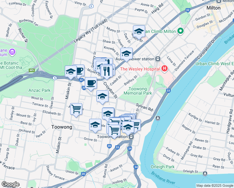 map of restaurants, bars, coffee shops, grocery stores, and more near 11 Croydon Street in Toowong